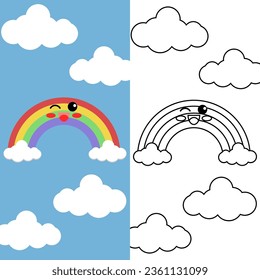 This is an illustration of the cute rainbow in the sky and next to it is a black-and-white version to color