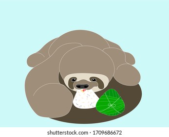 This illustration is a cute sloth eating rice dumplings.