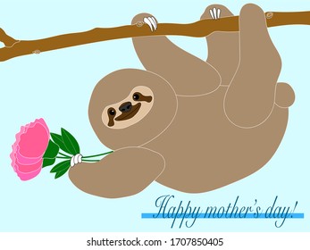 This illustration is a cute sloth holding carnations on a branch.
