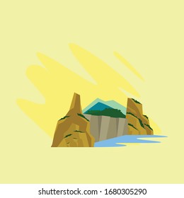 This is an illustration of a dam between cliffs and mountain views