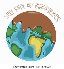 This is illustration for the day of chocolate with Earth covered with chocolate.The other side of Earth with Europe, Africa and America.  Card. Vector. Flat design.