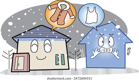This is an illustration of a deformed house character showing how to protect against the cold.