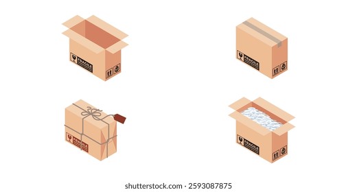 This is Illustration of Delivery Package Box from Isometric Stock. Cool design set for Delivery of Goods industrial and business, Isolated elements for product packaging, delivery or shipment.