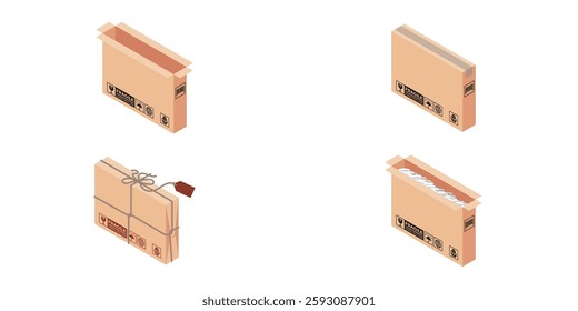This is Illustration of Delivery Package Box from Isometric Stock. Cool design set for Delivery of Goods industrial and business, Isolated elements for product packaging, delivery or shipment.