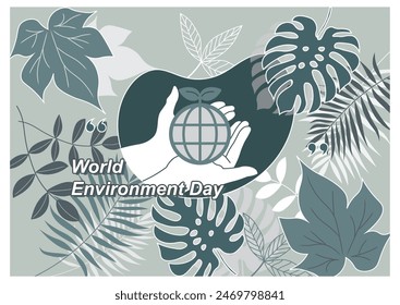 This is an illustration depicting a hand, the earth, and a sprout surrounded by various leaves. Celebrating World Environment Day.
