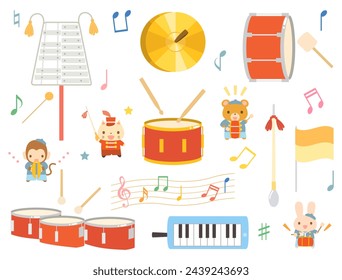 This is an illustration depicting the instruments of the drum and flute corps.Cute animals are playing.