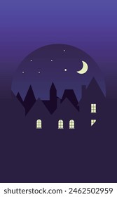 This is an illustration depicting a small town and a bright night sky.