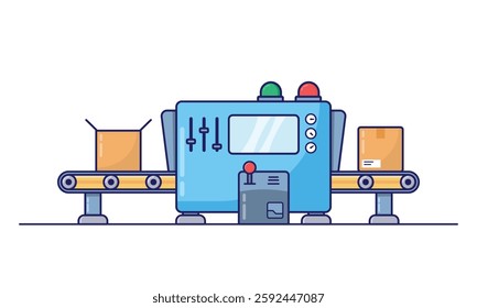 This illustration depicts an automated package processing machine on a conveyor belt. 