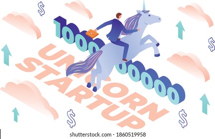 This illustration depicts a businessman in a suit riding a unicorn, this picture symbolizes a "unicorn startup" - a privately held startup company with a current valuation of US$1 billion or more