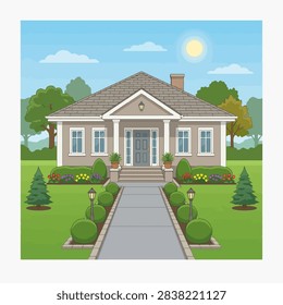 This illustration depicts a charming single-story suburban residence featuring a symmetrical facade and a welcoming front entrance. The property is surrounded by a lush green lawn, manicured shrubs and colorful flower beds, all set under a bright, sunny sky with soft clouds. A straight concrete walkway leads directly to the front door, flanked by decorative garden lights and small evergreen trees