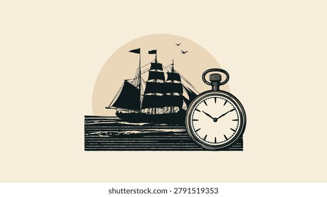 This illustration depicts a classic sailing vessel on the water, accompanied by a pocket watch. The artwork uses a monochromatic palette, possibly suggesting a vintage aesthetic. The composition features a sun in the background. Suitable for various editorial and commercial applications.