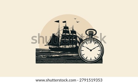 This illustration depicts a classic sailing vessel on the water, accompanied by a pocket watch. The artwork uses a monochromatic palette, possibly suggesting a vintage aesthetic. The composition features a sun in the background. Suitable for various editorial and commercial applications.
