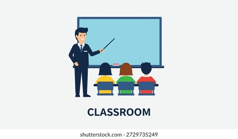This illustration depicts classroom teaching, characterized by a striking flat silhouette style.