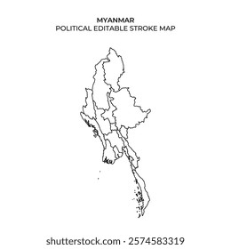 This illustration depicts a clean outline of Myanmar, showcasing its political divisions. The map is designed for editable use, ideal for educational and professional purposes.