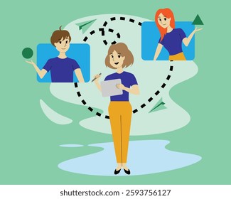 This illustration depicts a collaborative learning environment where individuals interact and share knowledge using geometric shapes. The central figure facilitates communication between two participa