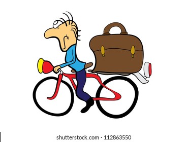 This illustration depicts a comic bike commuter
