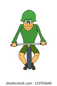 This illustration depicts a comic biker in green dress
