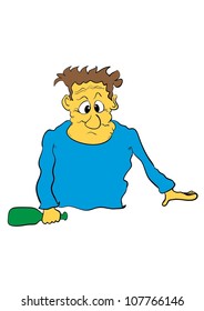 This illustration depicts a comic drunk man with bottle