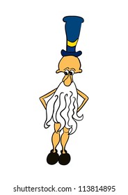 This illustration depicts a comic man with long white beard
