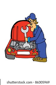 This illustration depicts a comic mechanical engineer repairing a car