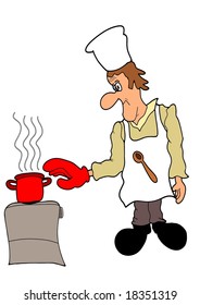 This illustration depicts a cooking man in glove  trying to grab a hot cooking pot.