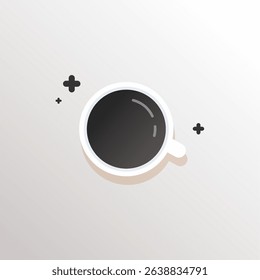 This illustration depicts a cup of coffee in a realistic style. Steam rises from the cup, indicating that the coffee is still hot. The coffee is a deep black color, with a slight foam on top. The cup 