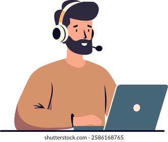 This illustration depicts a customer service representative wearing a headset with a microphone, working on a laptop.