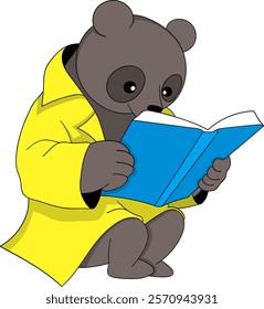 This illustration depicts a cute bear wearing a bright yellow coat, engrossed in reading a blue science book, promoting a love for learning