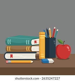 This illustration depicts a desk setting with a stack of books, pencils, an apple, and an eraser.