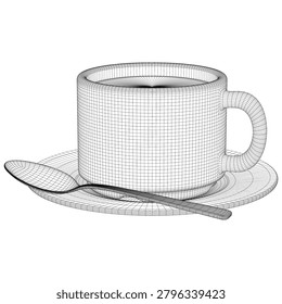 This illustration depicts a detailed 3D wireframe model of a coffee cup on a saucer, accompanied by a spoon. The design is rendered in black and white to showcase the geometric structure and outline.