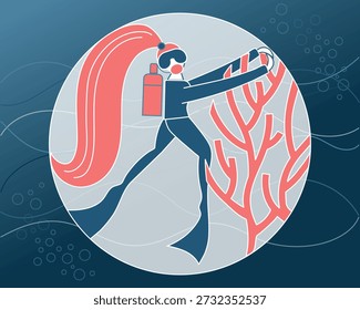 This illustration depicts a diver embracing coral growth as part of ongoing coral reef restoration efforts. The act represents protection, monitoring, and long-term care rather than construction or planting. The scene emphasizes continuous human involvement in coral reef restoration, including observation, safeguarding restored areas, and ensuring the long-term success of reef recovery projects.