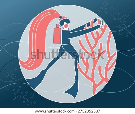 This illustration depicts a diver embracing coral growth as part of ongoing coral reef restoration efforts. The act represents protection, monitoring, and long-term care rather than construction or planting. The scene emphasizes continuous human involvement in coral reef restoration, including observation, safeguarding restored areas, and ensuring the long-term success of reef recovery projects.