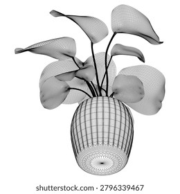 This illustration depicts an elegant, black and white floral arrangement styled as a wireframe model with overlapping petals emerging from a grid-patterned vase.