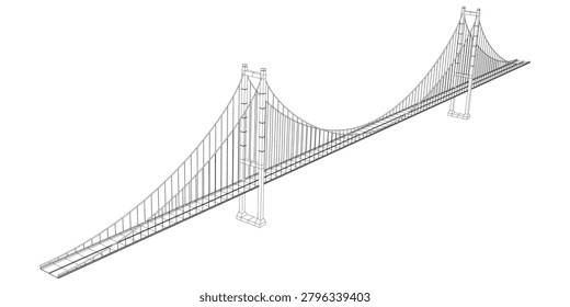 This illustration depicts an elevated, cable-stayed viewed from above. The structure features a series of cables extending outward and downward to support the deck, which is suspended between two towering pillars at opposite ends.