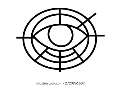 Esta ilustración muestra un ojo centrado dentro de un objetivo o una rejilla de exploración hecha de óvalos concéntricos y líneas que se cruzan.