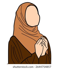 Esta ilustração retrata uma mulher sem rosto vestindo um hijab marrom e trajes, com as mãos fechadas em um gesto de oração ou contemplação. O estilo de arte simples enfatiza a modéstia e a devoção.
