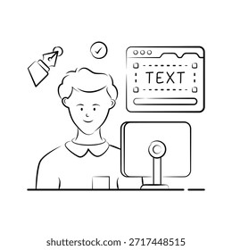 This illustration depicts a friendly, focused UI UX designer working on a project.