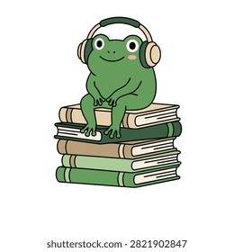 This illustration depicts a frog enjoying a relaxing Lofi Music Aesthetic while sitting on a stack of books, captured in a charming artistic style.