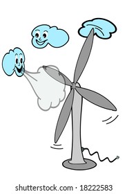 This illustration depicts a funny cloud blow the wind to the wind turbine.