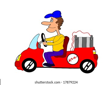 This illustration depicts a funny man driving an electric car