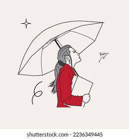 Esta ilustración muestra a una chica usando un paraguas bajo la lluvia. El diseño es deliberadamente sencillo, minimalista pero atractivo.