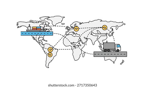 Esta ilustração representa uma rede logística global mostrando os modos de transporte, incluindo navios de carga, aviões e caminhões, conectados mundialmente para representar o comércio internacional e a cadeia de suprimentos