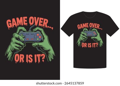 This illustration depicts a graphic t-shirt design featuring zombie hands holding a classic gamepad with Game Over... 