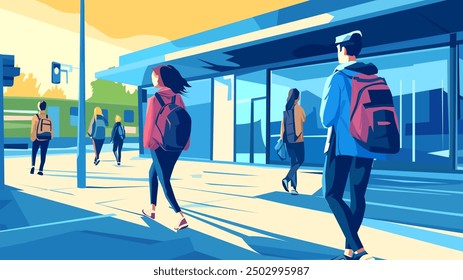 This illustration depicts a group of students walking to school early in the morning, bathed in the warm glow of the rising sun