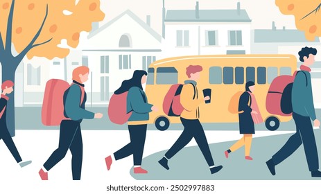 This illustration depicts a group of students walking to school early in the morning, bathed in the warm glow of the rising sun