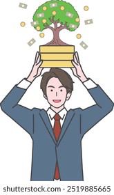 This illustration depicts the growth of assets through investment. The money tree symbolizes the wealth that has grown over time.
