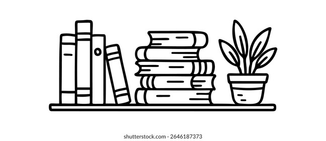 Esta ilustração retrata uma estante desenhada à mão com livros empilhados e em pé, ao lado de uma planta em vaso, usando um estilo de desenho de linha simples