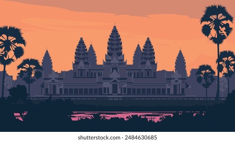 Diese Illustration zeigt den ikonischen Tempelkomplex Angkor Wat bei Sonnenuntergang. Der Himmel ist in warmen Orangetönen gehalten und wirft einen ruhigen und mystischen Schein über die antike Architektur