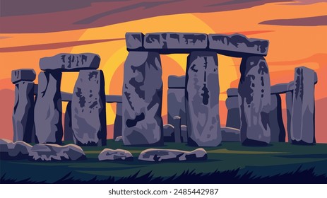 This illustration depicts the iconic Stonehenge, silhouetted against a vibrant sunset. The ancient stone circle, composed of massive, weathered stones, stands majestically on a grassy plain