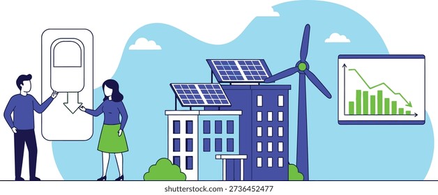 This illustration depicts individuals managing energy data related to renewable sources like solar panels and wind turbines, alongside a graph indicating declining consumption or costs.